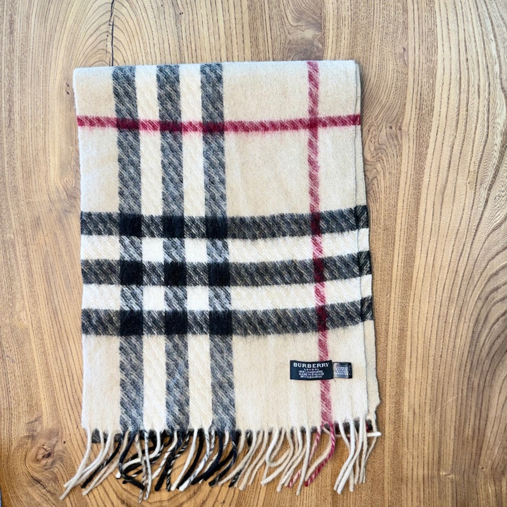 Burberry London 100% Cashmere Scarf Nova Check Tan Beige Made in England